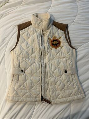 Ralph Lauren Cream Quilted Sleeveless Vest with Brown Shoulder Accents